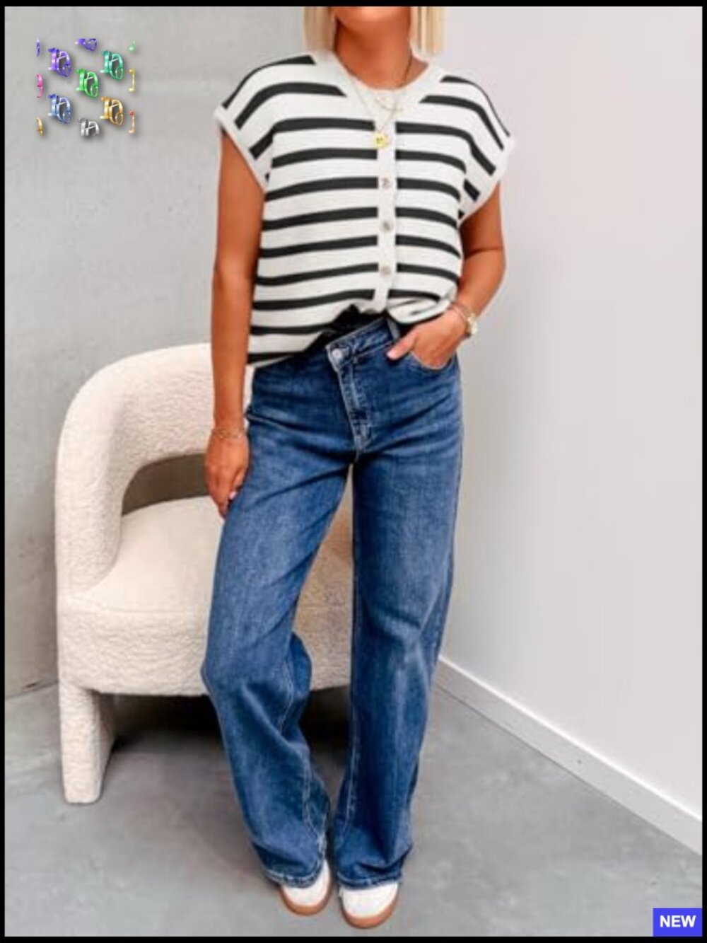 Striped Cap Sleeve Sweater Vest Crew Neck Button Down Cardigan Cute Knit Tops - Picture 4 of 7